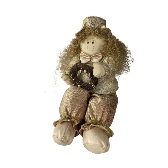 Christmas Shelf Sitter Plush Doll With Curly Hair Bow & Wreath Gold 18" - Picture 1 of 12